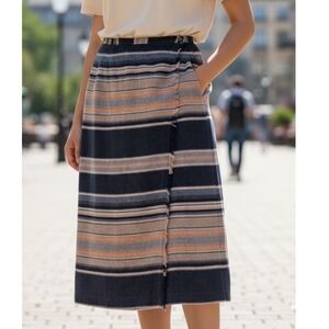 Striped Wool Blend Midi Skirt Rafaella Fringed Trim Button Front Women's Size 12
